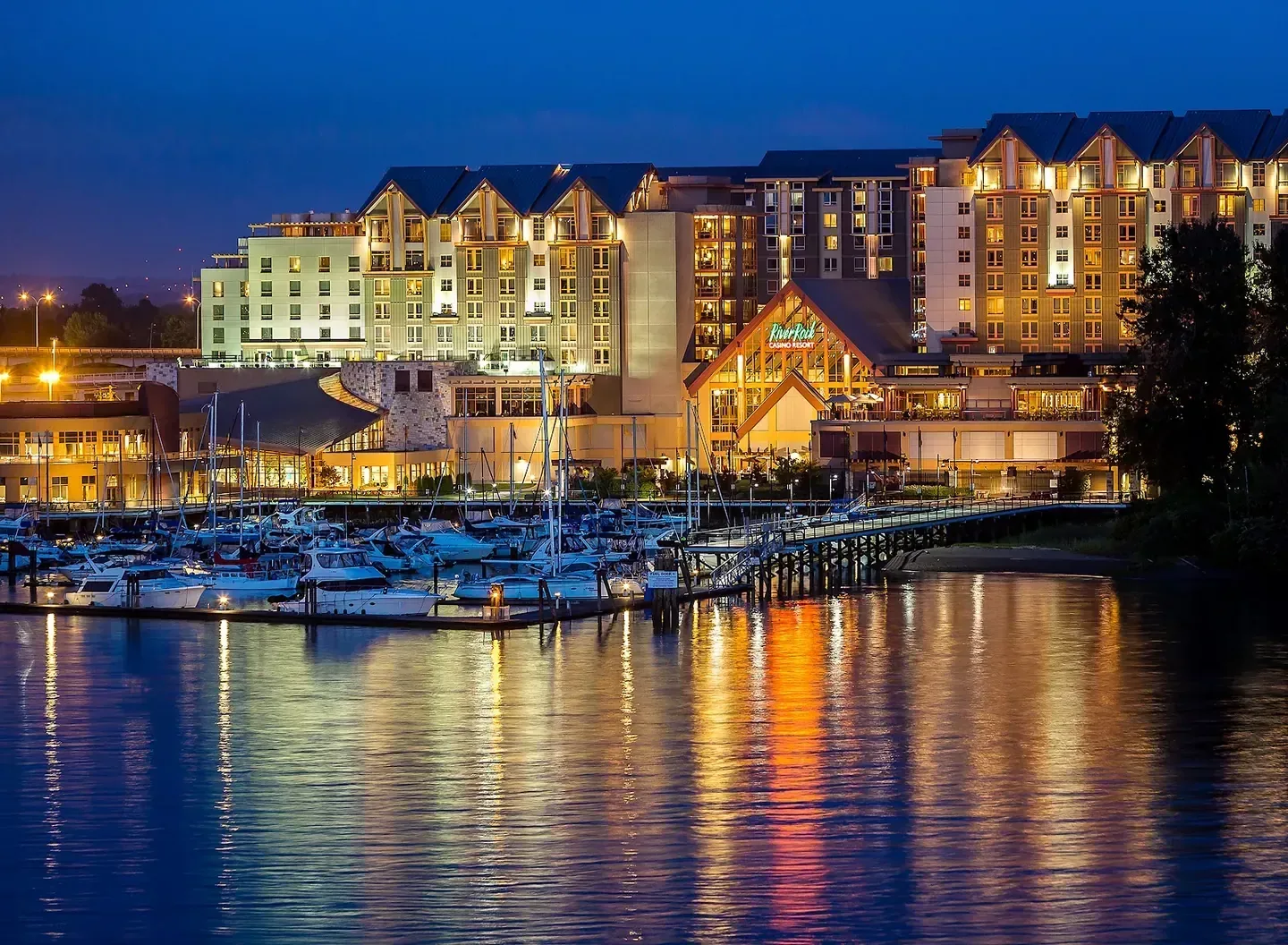 Resort buildings beside open water